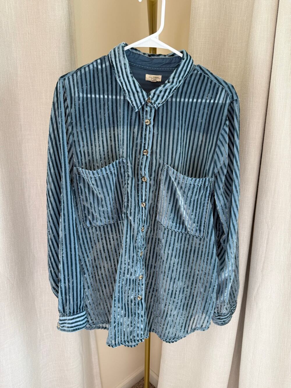 Anthropologie Pilcro Blouse Women XL Blue Sheer Velvet burnout Striped Bohemian